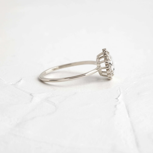 Luminary Ring 0.90 CT Rose Cut Diamond in 925 Sterling Silver | Halo Engagement Ring with Sculpted Prong Design