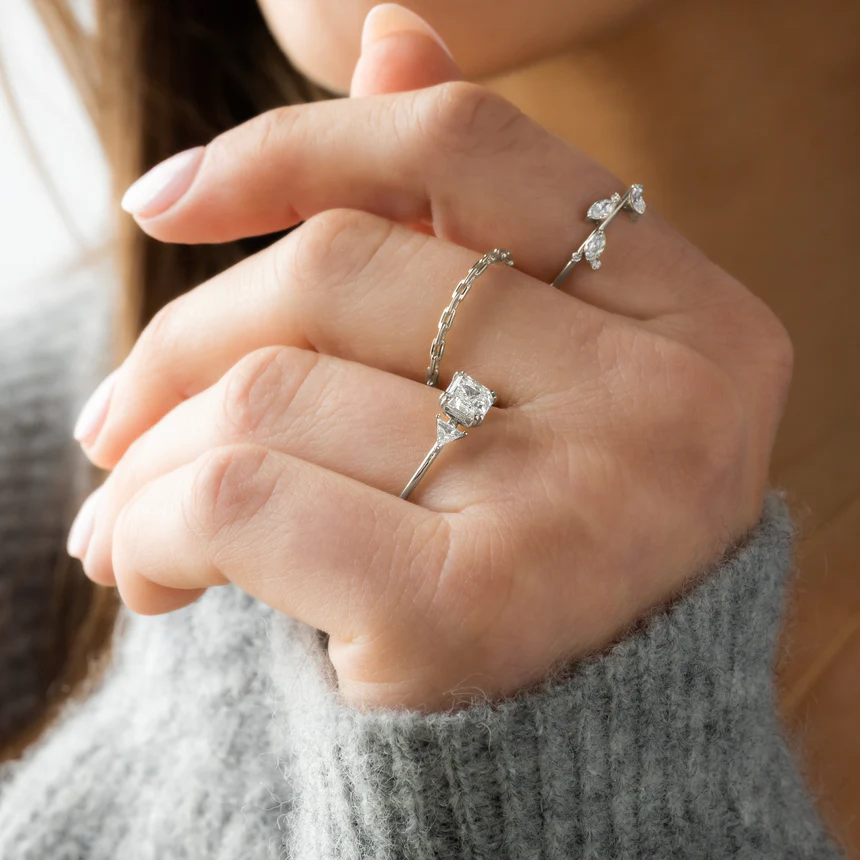 Sterling Silver Ring Three Stone 1.01 CT Asscher Cut Arrow Design | 925 Sterling Silver Ring for Women | Elegant Silver Engagement Ring