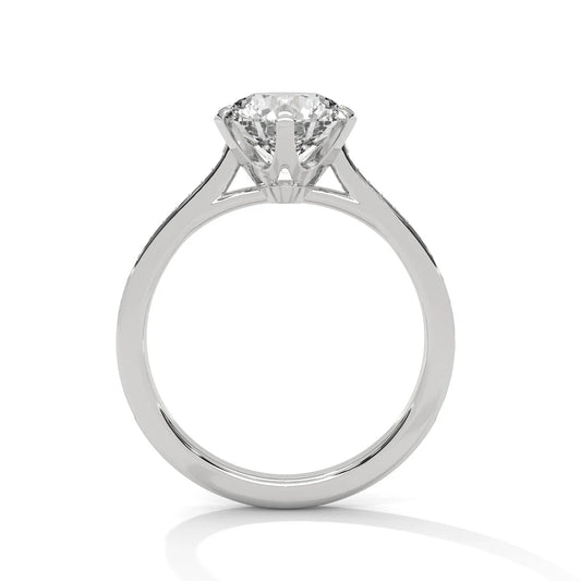Round-Cut Diamond Engagement Ring with Pave Band and Classic Six-Prong Setting in 925 Silver
