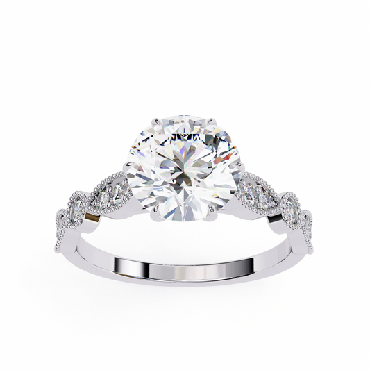 Vintage Round-Cut Engagement Ring with Milgrain & Marquise Motif in 925 Silver | Elegant Antique-Inspired Fine Jewelry (1CT)