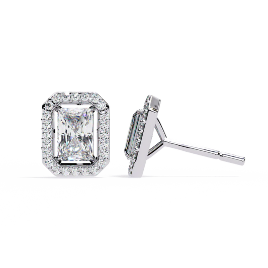 Radiant Cut Halo Diamond Stud Earrings 925 Silver