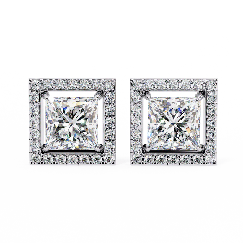 Princess Cut Halo Diamond Stud Earrings 925 Silver
