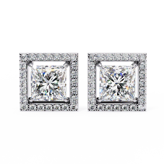 Princess Cut Halo Diamond Stud Earrings 925 Silver