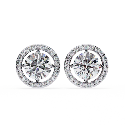 Round Halo Diamond Stud Earrings – Brilliant Cut with Pave Accents 925 Silver