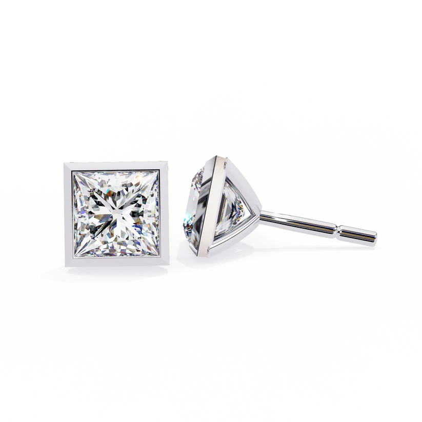 Princess Cut Diamond Stud Earrings in Bezel Setting 925 Silver