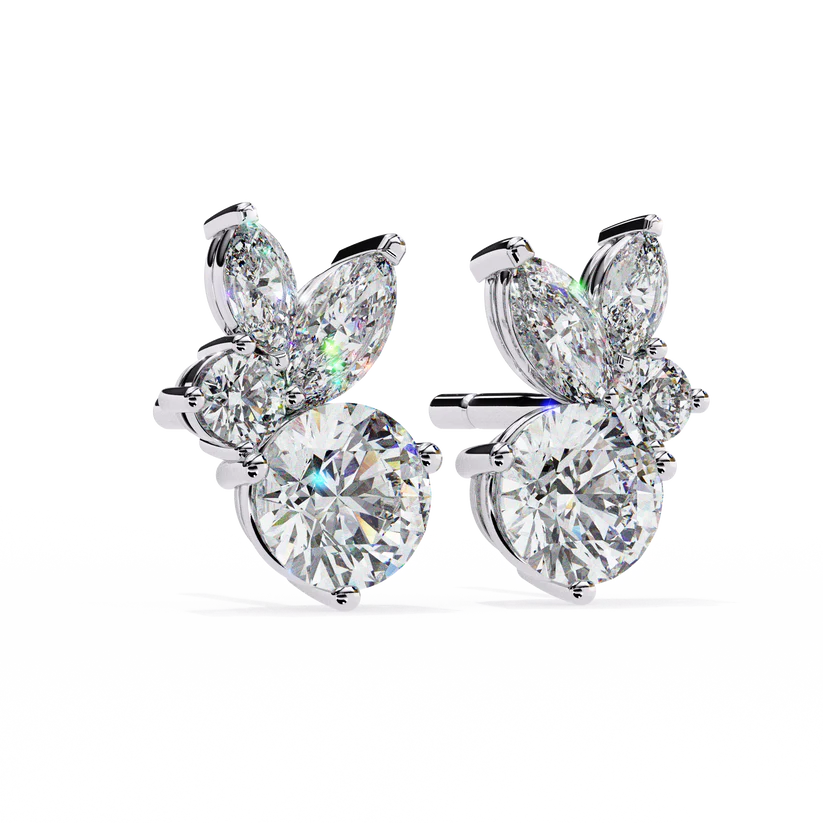 Round and Marquise Diamond Cluster Stud Earrings 925 Silver