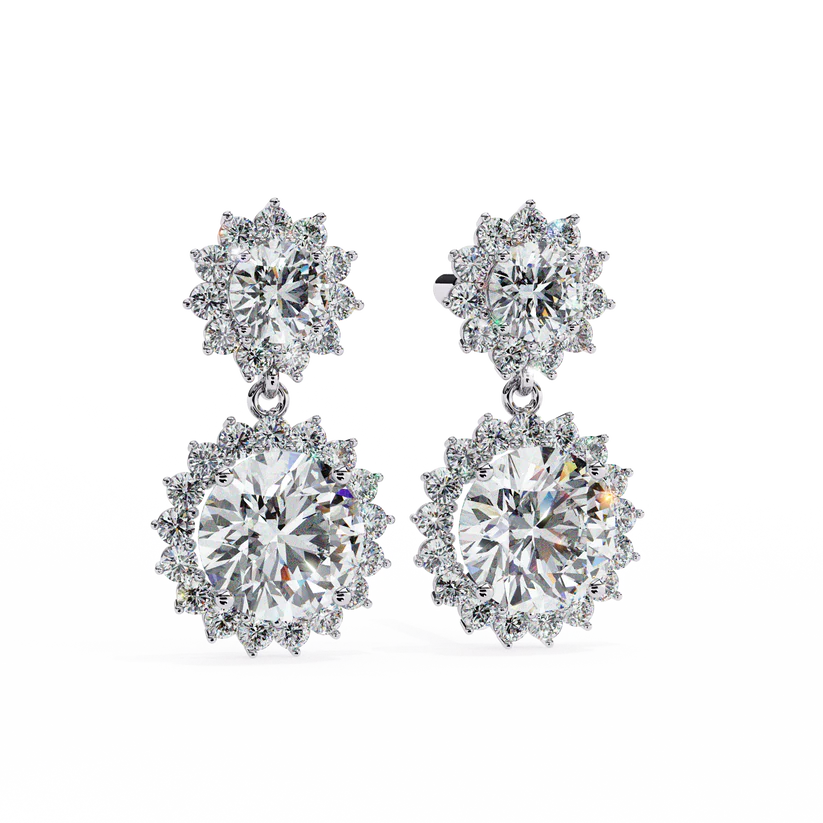 Double Halo Round Diamond Drop Earrings with Stud Back 925 Silver