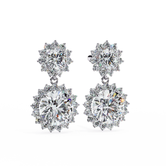 Double Halo Round Diamond Drop Earrings with Stud Back 925 Silver
