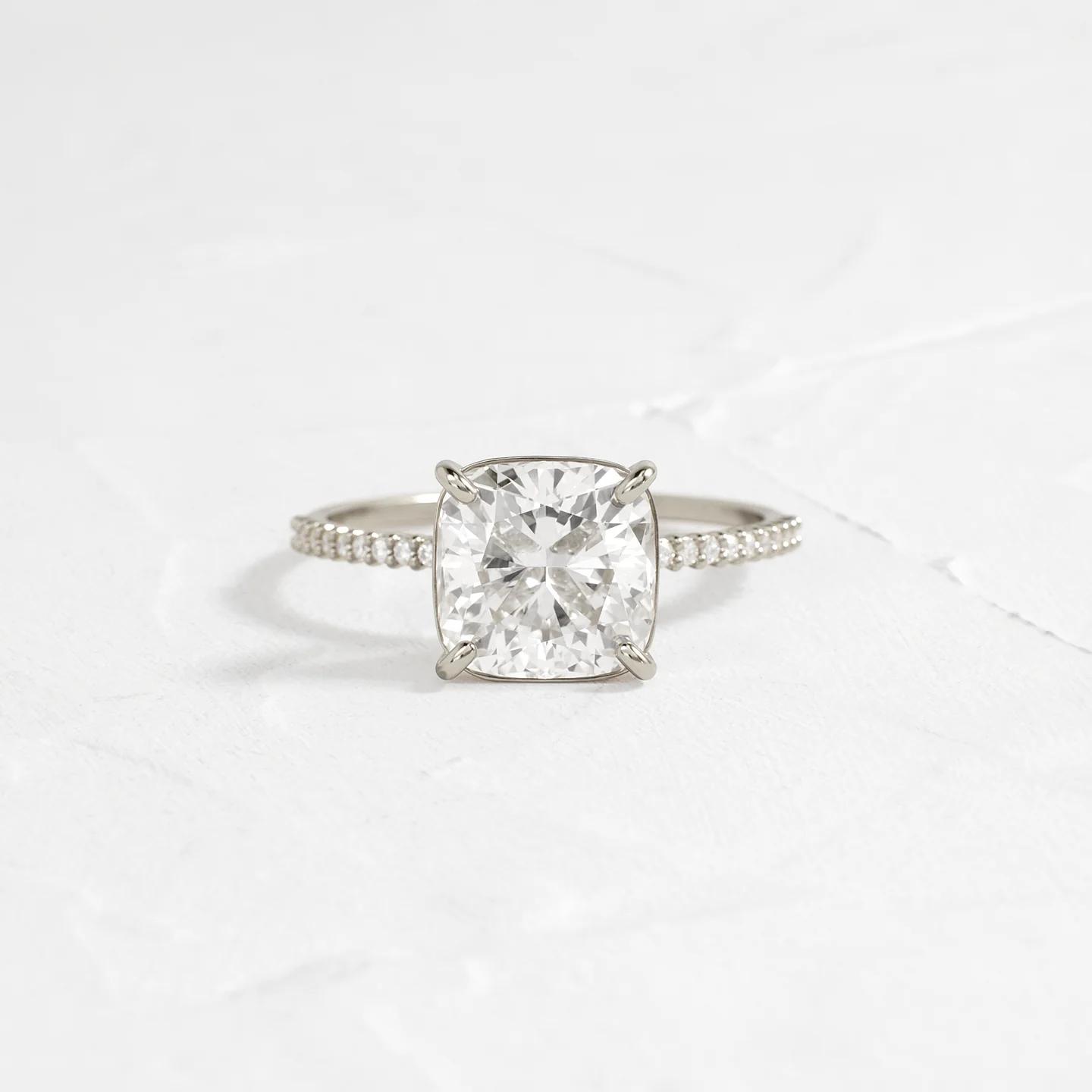 Whisper Ring with Pave Band 2 CT Cushion Cut Diamond in 925 Sterling Silver | Minimalist Engagement Ring