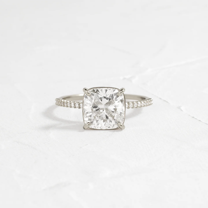 Whisper Ring with Pave Band 2 CT Cushion Cut Diamond in 925 Sterling Silver | Minimalist Engagement Ring