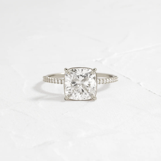 Whisper Ring with Pave Band 2 CT Cushion Cut Diamond in 925 Sterling Silver | Minimalist Engagement Ring