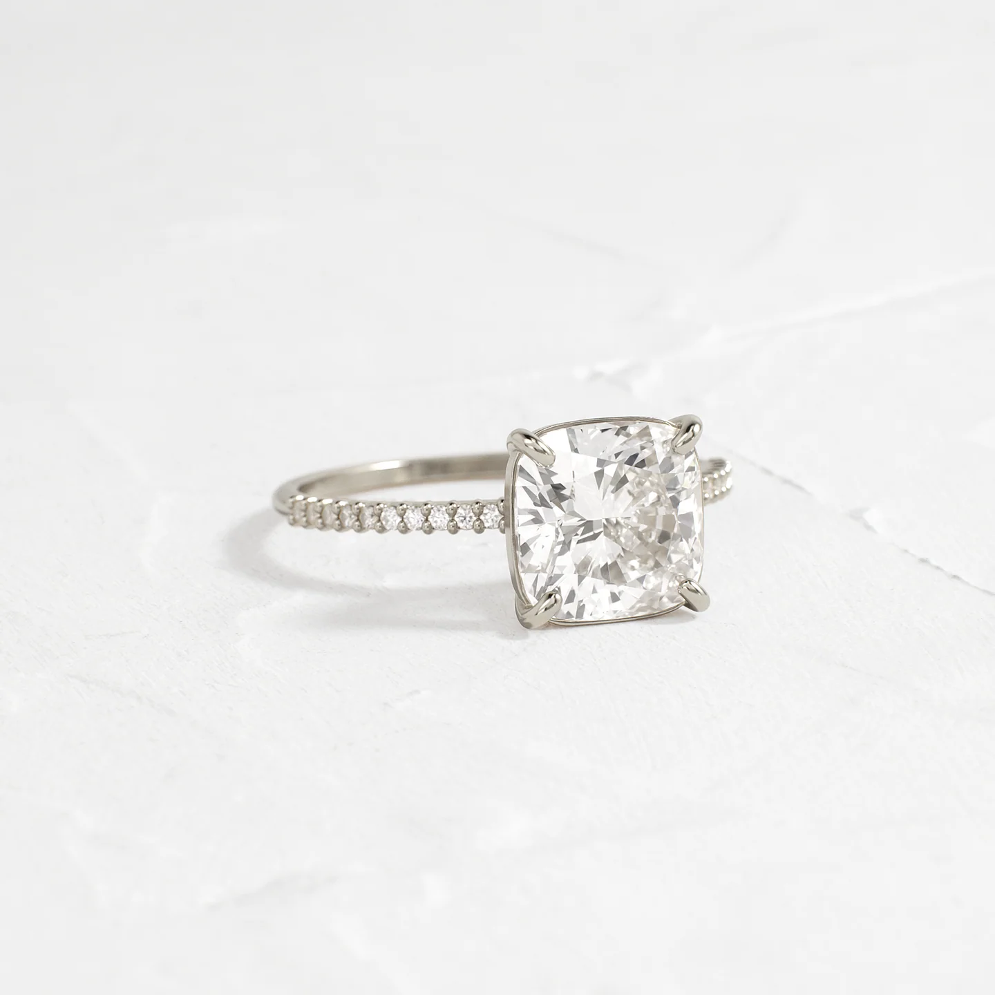 Whisper Ring with Pave Band 2 CT Cushion Cut Diamond in 925 Sterling Silver | Minimalist Engagement Ring