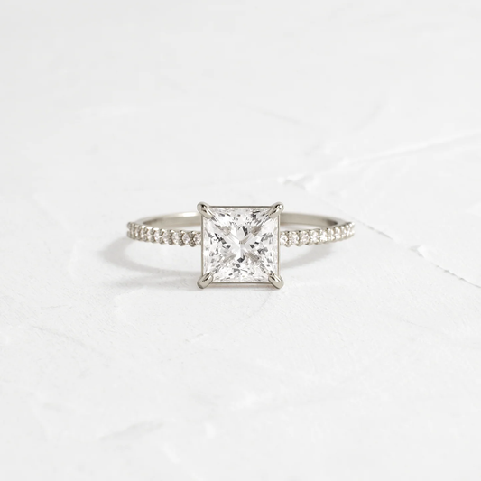 Whisper Ring with Pave Band 1.5 CT Princess Cut Diamond in 925 Sterling Silver | Minimalist Engagement Ring