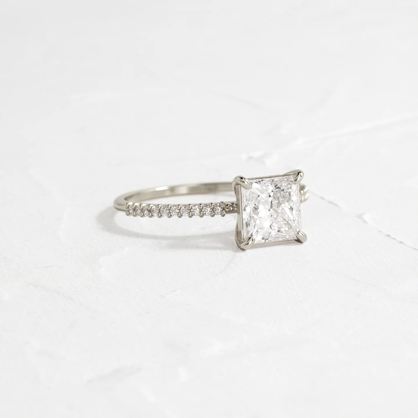 Whisper Ring with Pave Band 1.5 CT Princess Cut Diamond in 925 Sterling Silver | Minimalist Engagement Ring