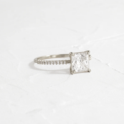 Whisper Ring with Pave Band 1.5 CT Princess Cut Diamond in 925 Sterling Silver | Minimalist Engagement Ring