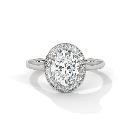 Oval-Cut Diamond Halo Ring with Dazzling Pavé Band for Timeless Elegance in 925 Silver