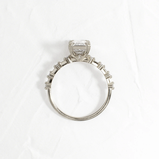 Emerald Cut Silver Ring with Orbit Accent Band | 925 Sterling Silver Statement Ring for Women