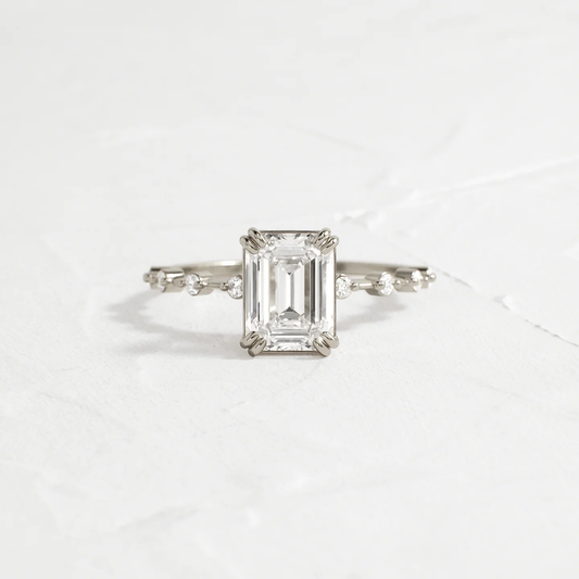 Emerald Cut Silver Ring with Orbit Accent Band | 925 Sterling Silver Statement Ring for Women