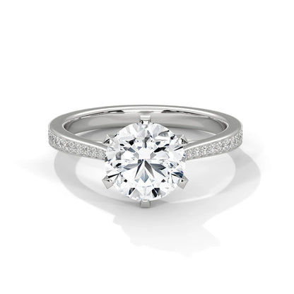 Round-Cut Diamond Engagement Ring with Pave Band and Classic Six-Prong Setting in 925 Silver