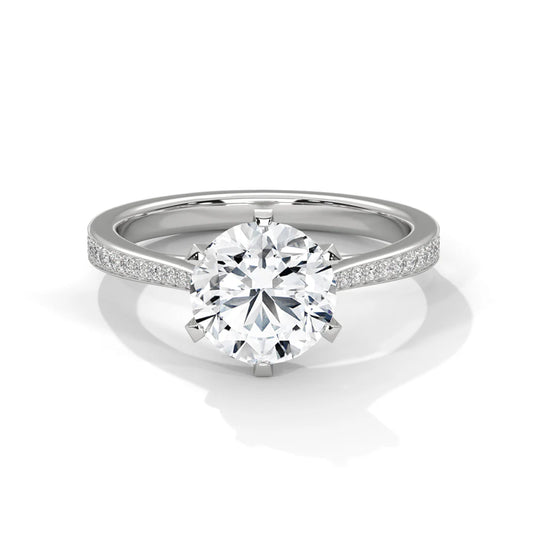 Round-Cut Diamond Engagement Ring with Pave Band and Classic Six-Prong Setting in 925 Silver