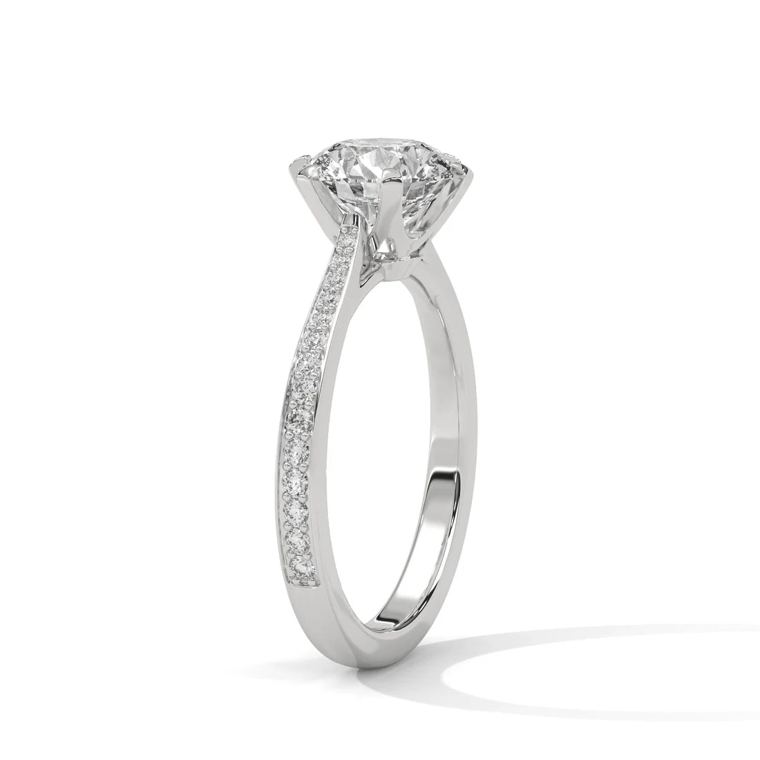 Round-Cut Diamond Engagement Ring with Pave Band and Classic Six-Prong Setting in 925 Silver