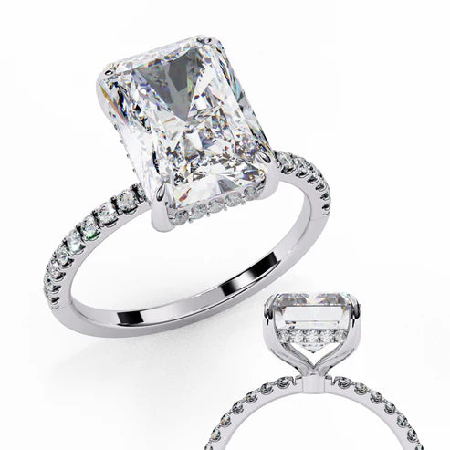 Radiant-Cut Diamond Engagement Ring with Pave Band in 925 Silver | Elegant Bridal Fine Jewelry