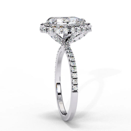 Pear-Shaped Diamond Engagement Ring with Double Halo and Pave Band in 925 Silver