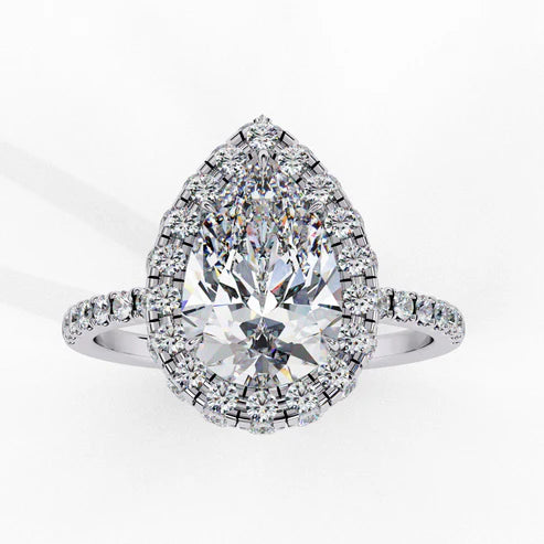Pear-Shaped Diamond Engagement Ring with Double Halo and Pave Band in 925 Silver