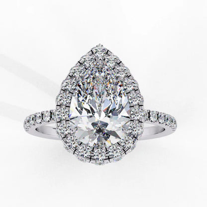 Pear-Shaped Diamond Engagement Ring with Double Halo and Pave Band in 925 Silver