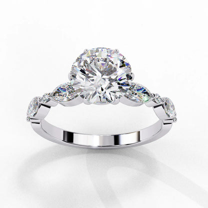 Radiant Round Diamond Ring with Marquise Accents in 925 Silver