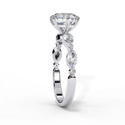 Radiant Round Diamond Ring with Marquise Accents in 925 Silver