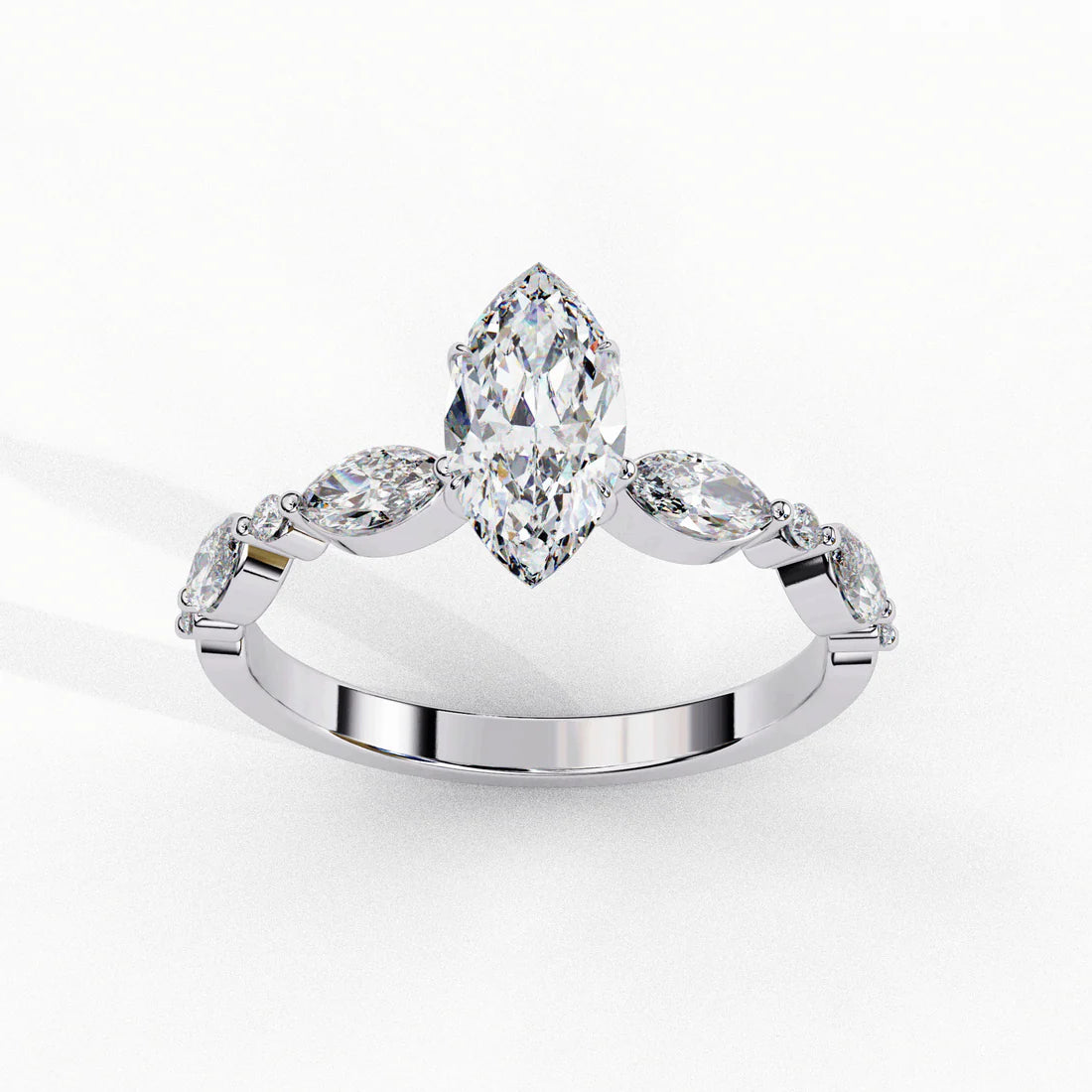 Unique Marquise Diamond Ring with Side Stone Detailing in 925 Silver (1CT)