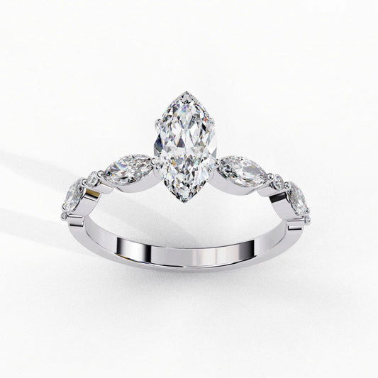 Unique Marquise Diamond Ring with Side Stone Detailing in 925 Silver (1CT)
