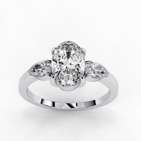 Three-Stone Oval Diamond Ring with Pear-Shaped Accents in 925 Silver