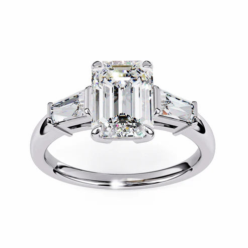 Three-Stone Engagement Ring with Emerald-Cut Center Diamond in 925 Silver