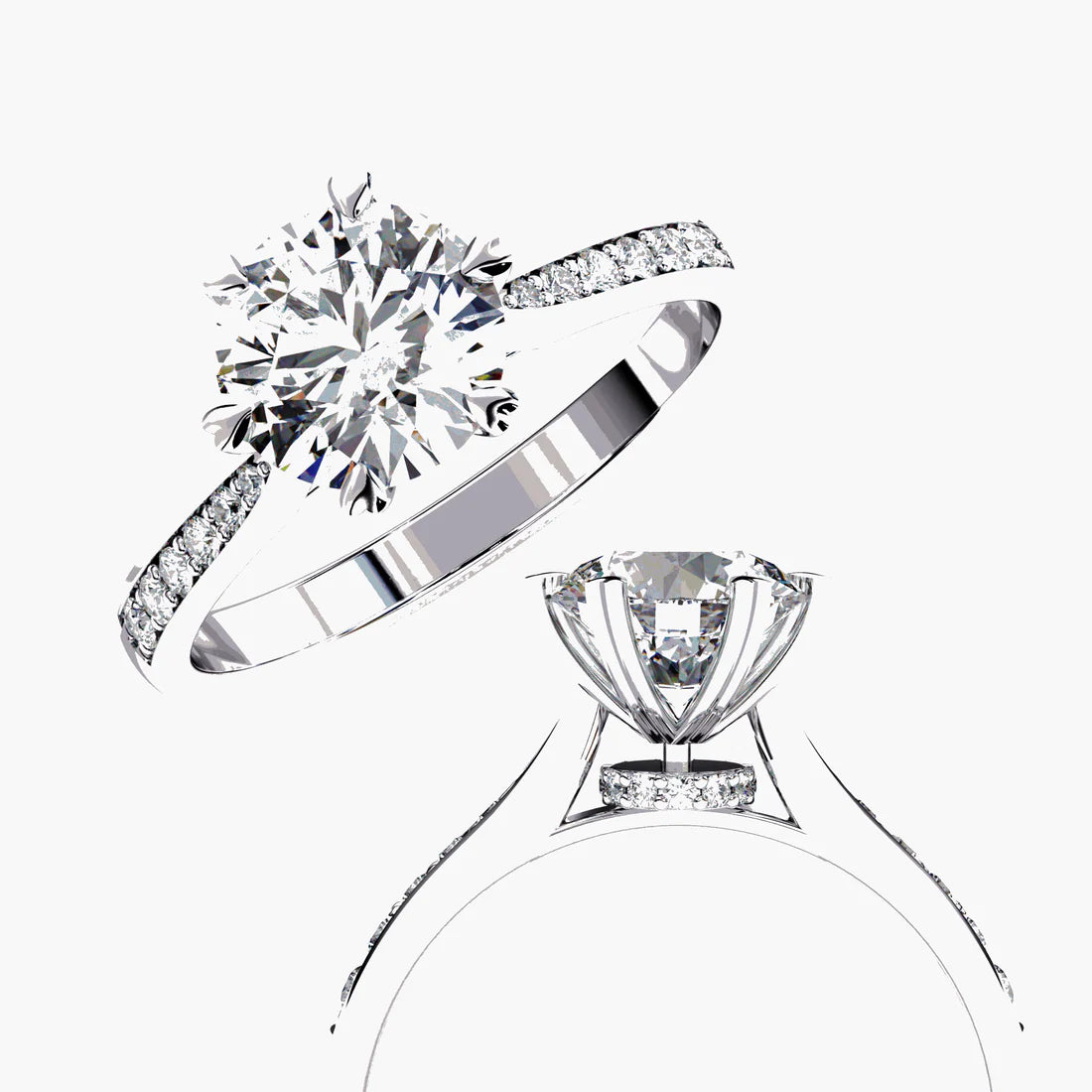 Round Diamond Engagement Ring with Pave Band in 925 Silver