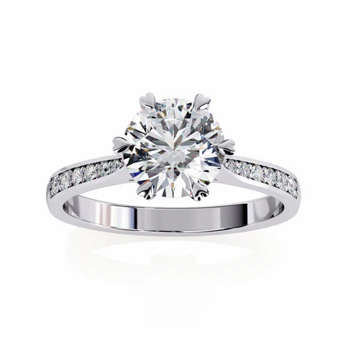 Round Diamond Engagement Ring with Pave Band in 925 Silver