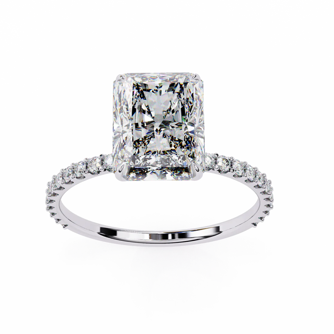 Radiant-Cut Engagement Ring with Pave Band & Hidden Halo in 925 Silver