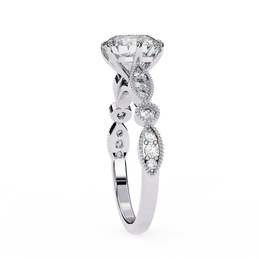 Vintage Round-Cut Engagement Ring with Milgrain & Marquise Motif in 925 Silver | Elegant Antique-Inspired Fine Jewelry (1CT)