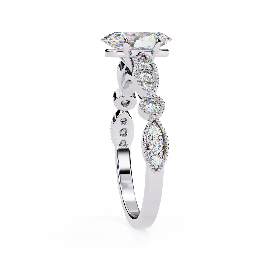 Oval Moissanite Engagement Ring – Vintage Style with Milgrain & Marquise Diamond Accents | Bridal Ring | Unique Antique-Inspired Design in 925 Silver