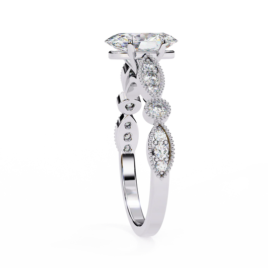 Oval Moissanite Engagement Ring – Vintage Style with Milgrain & Marquise Diamond Accents | Bridal Ring | Unique Antique-Inspired Design in 925 Silver