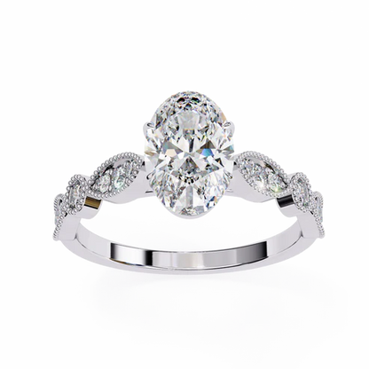 Oval Moissanite Engagement Ring – Vintage Style with Milgrain & Marquise Diamond Accents | Bridal Ring | Unique Antique-Inspired Design in 925 Silver