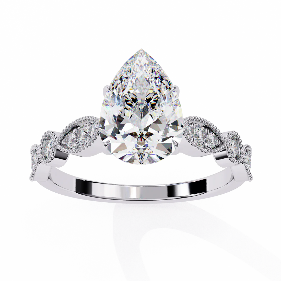 Pear Lab-Grown Engagement Ring – Vintage Style with Milgrain & Marquise Diamond Accents in 925 Silver
