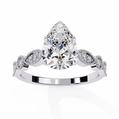 Pear Lab-Grown Engagement Ring – Vintage Style with Milgrain & Marquise Diamond Accents in 925 Silver