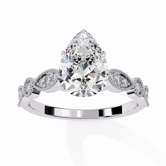 Pear Lab-Grown Engagement Ring – Vintage Style with Milgrain & Marquise Diamond Accents in 925 Silver