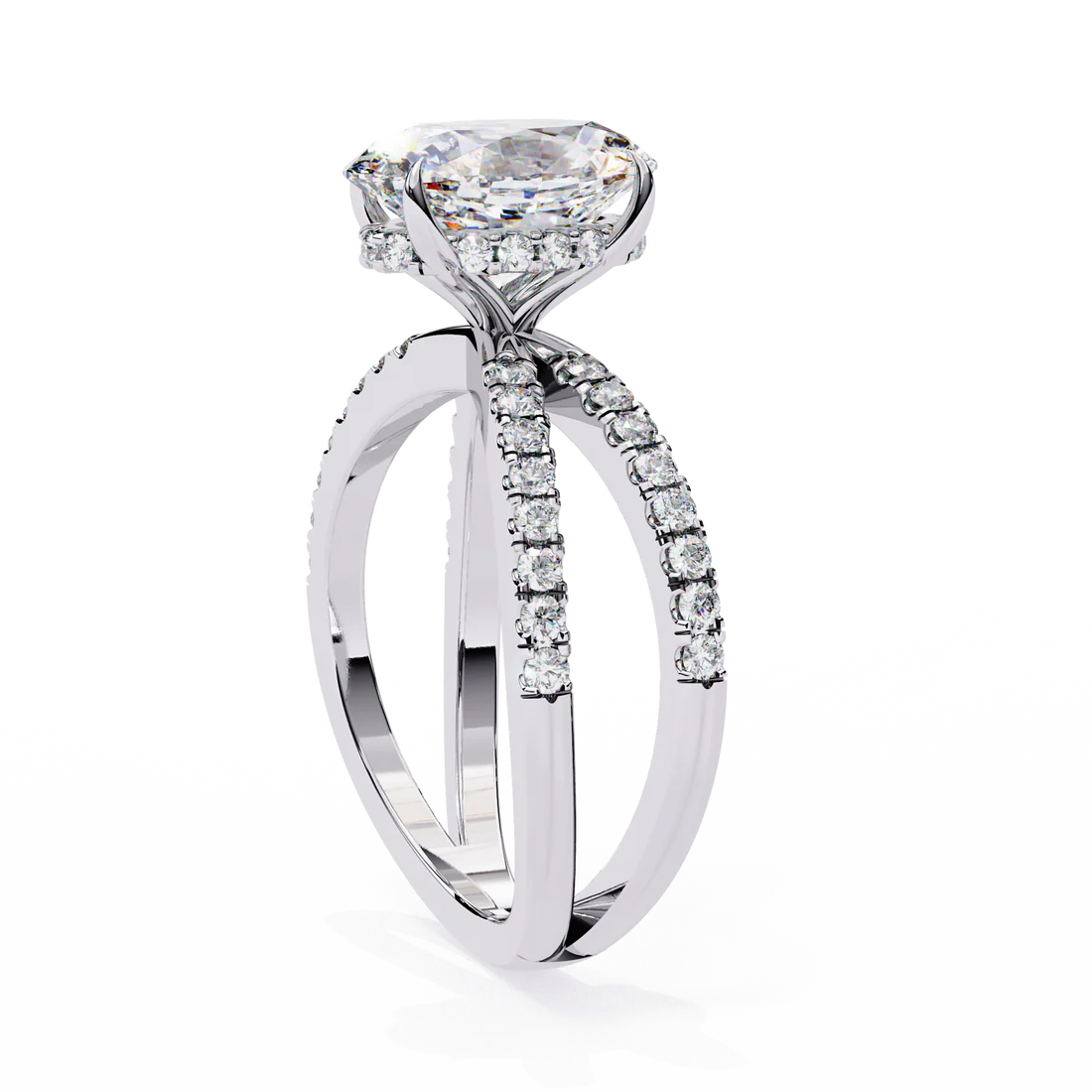 Oval-Cut Diamond Engagement Ring with Split Shank Pave Band in 925 Silver | Elegant Bridal Fine Jewelry (1CT)