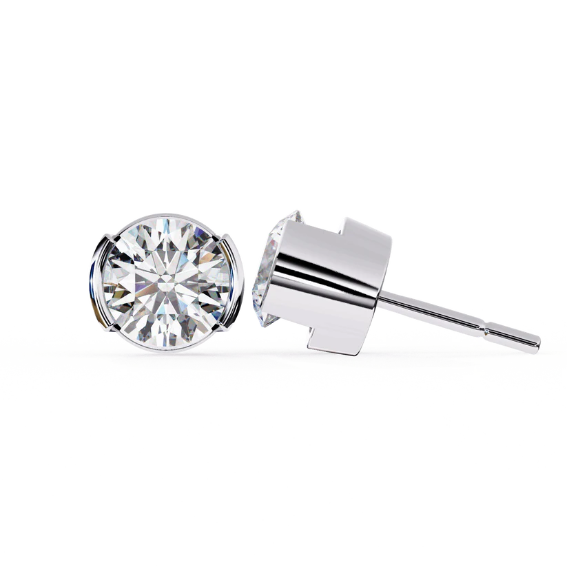 Round-Cut Diamond Bezel Stud Earrings 925 Silver