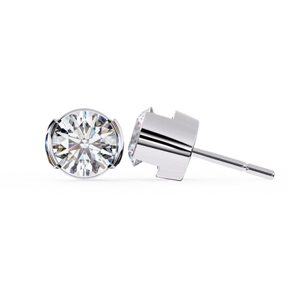 Round-Cut Diamond Bezel Stud Earrings 925 Silver