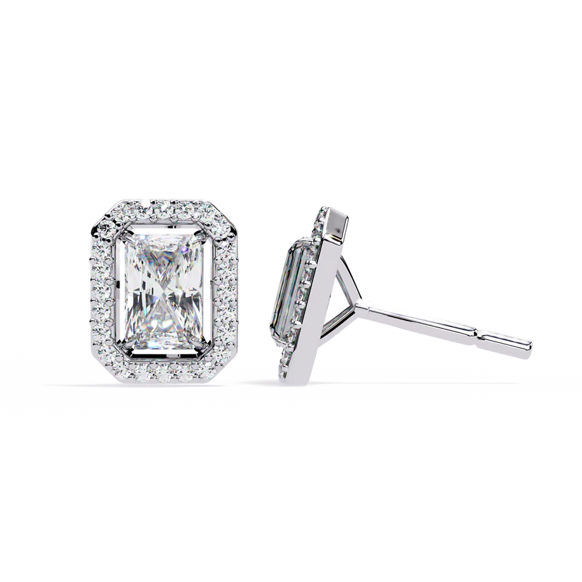 Radiant Cut Halo Diamond Stud Earrings 925 Silver
