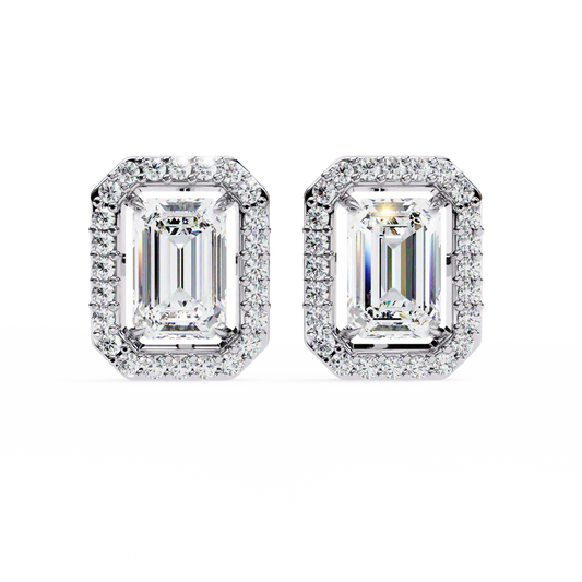 Emerald Cut Halo Diamond Stud Earrings For Timeless Elegance 925 Silver